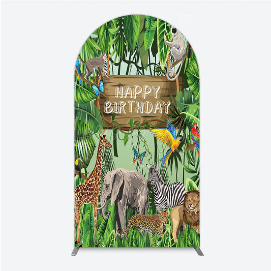 Lofaris Safari Happy Birthday Arch Backdrop Wild Jungle Animals Theme Tropical Party Decor for Kids Photo Booth
