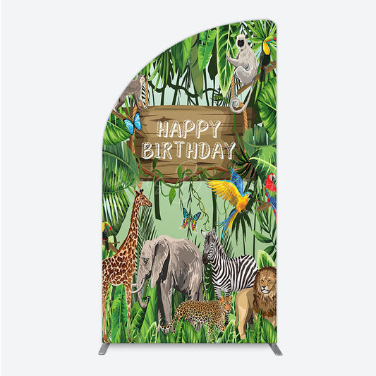Lofaris Safari Happy Birthday Half Moon Arch Backdrop Wild Jungle Animals Theme Tropical Party Decor for Kids Photo Booth