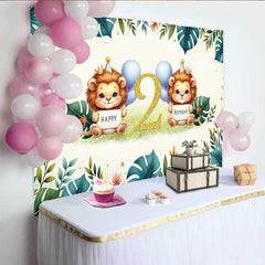 Lofaris Safari Lion Second Birthday Backdrop Two Wild Jungle Animals Party Banner Green Tropical Leaves Photo Prop Decor