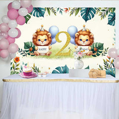 Lofaris Safari Lion Second Birthday Backdrop Two Wild Jungle Animals Party Banner Green Tropical Leaves Photo Prop Decor