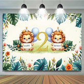 Lofaris Safari Lion Second Birthday Backdrop Two Wild Jungle Animals Party Banner Green Tropical Leaves Photo Prop Decor