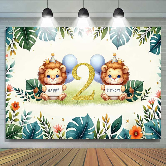 Lofaris Safari Lion Second Birthday Backdrop Two Wild Jungle Animals Party Banner Green Tropical Leaves Photo Prop Decor