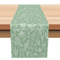 Lofaris Sage Green Botanical Table Runner with White Leaf Print Modern Farmhouse Style for Kitchen Dining Decor