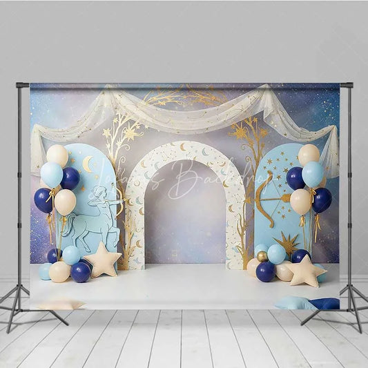 Lofaris Sagittarius Zodiac Photography Backdrop Blue Archer and Gold Stars Birthday Party Background