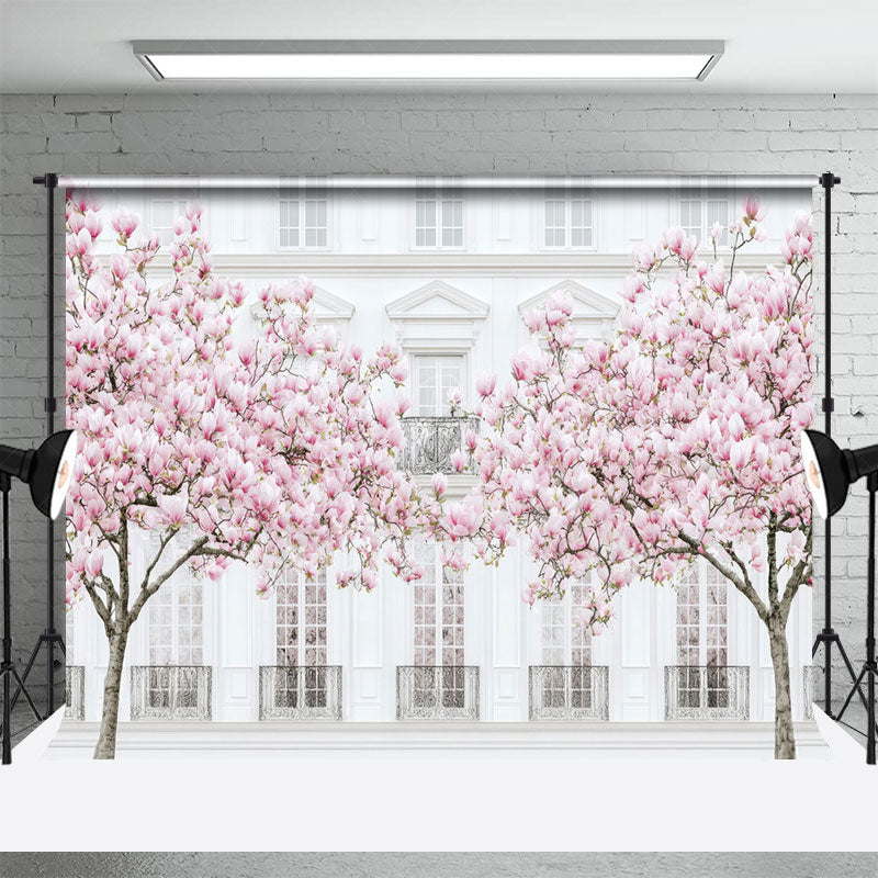 Lofaris Sakura Tree White Elegant Building Photo Backdrop