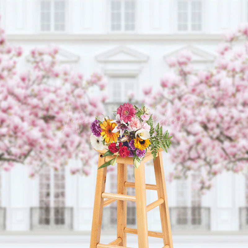 Lofaris Sakura Tree White Elegant Building Photo Backdrop