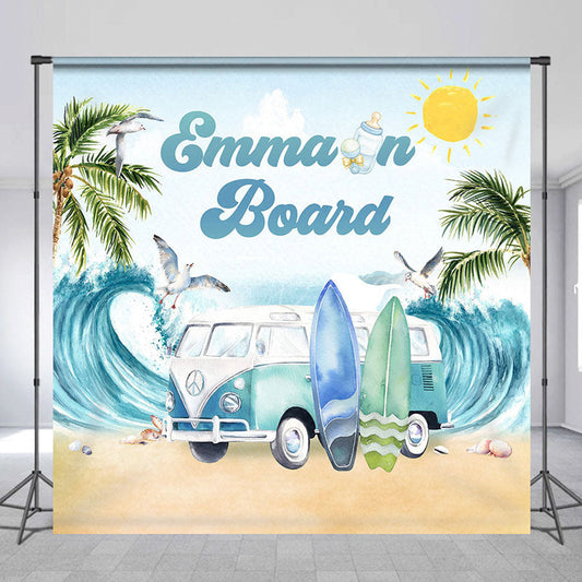 Lofaris Sand Beach Surfboard Custom Name Baby Shower Backdrop