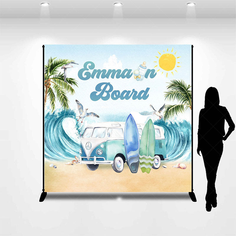 Lofaris Sand Beach Surfboard Custom Name Baby Shower Backdrop