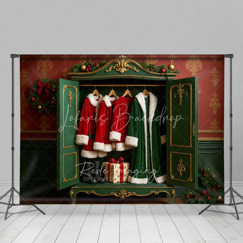 Lofaris Santa Closet Backdrop Green Wardrobe Red Coat Gift Photography Background Dressing Room Winter Holiday Party Decoration
