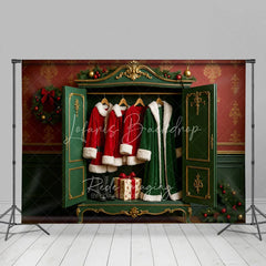 Lofaris Santa Closet Backdrop Green Wardrobe Red Coat Gift Photography Background Dressing Room Winter Holiday Party Decoration