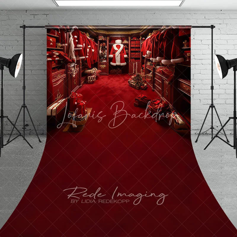 Lofaris Santa Closet Sweep Backdrop Red Suit Wardrobe Gift Photography Background Luxury Dressing Room Christmas Holiday Party Decoration