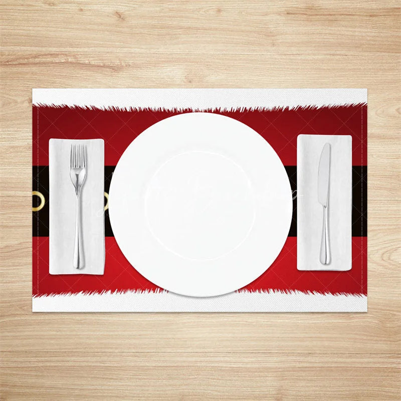 Lofaris Santa Suit Christmas Set of 4 Placemats Red with Black Belt White Fur Trim Holiday Table Mats