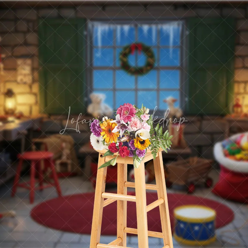 Lofaris Santa Workshop Backdrop Toy Maker Room with Workbench Christmas Window Scene Holiday Photography Props