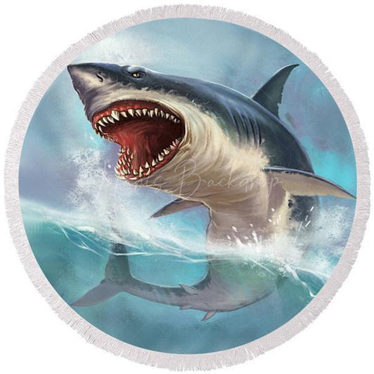 Lofaris Scary Shark Cartoon Vibe Pattern Round Beach Towel