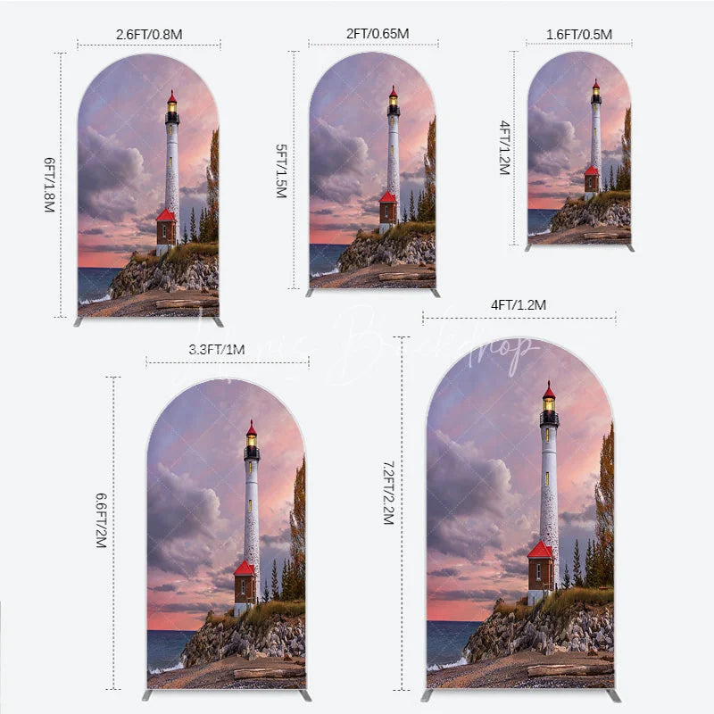 Lofaris Scenic Lighthouse and Coastal Sunset Round Top Arch Backdrop Dramatic Sky Photography Prop for Studio