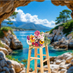 Lofaris Scenic Natural Cave Opening Photography Backdrop with Clear Blue Ocean and Rocky Coastline Tropical Landscape View