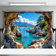 Lofaris Scenic Natural Cave Opening Photography Backdrop with Clear Blue Ocean and Rocky Coastline Tropical Landscape View