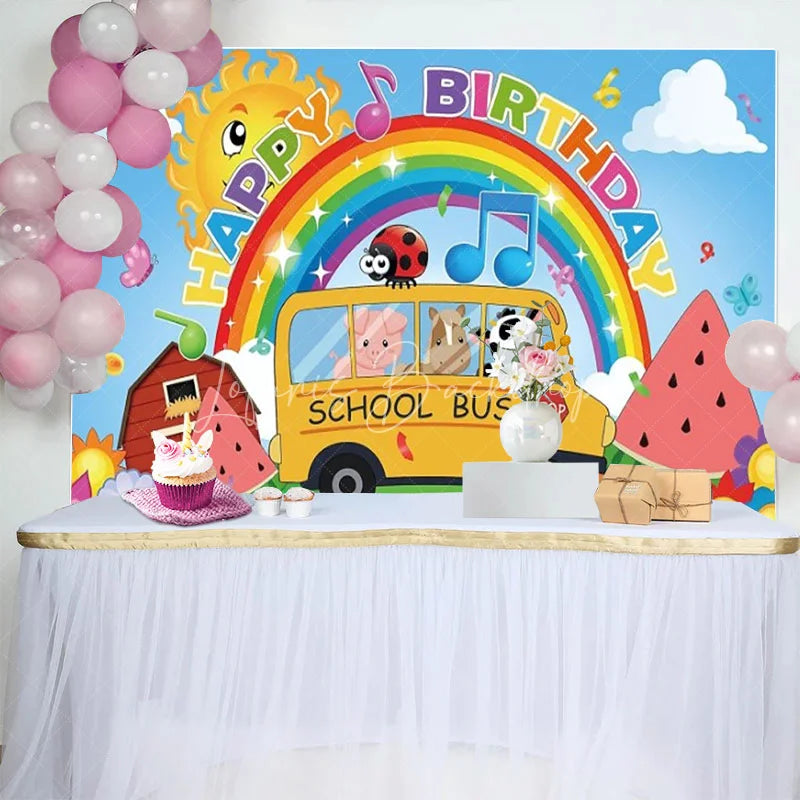 Lofaris School Bus Birthday Backdrop Farm Animals with Rainbow Nursery Rhyme Theme Party Supplies for Kids