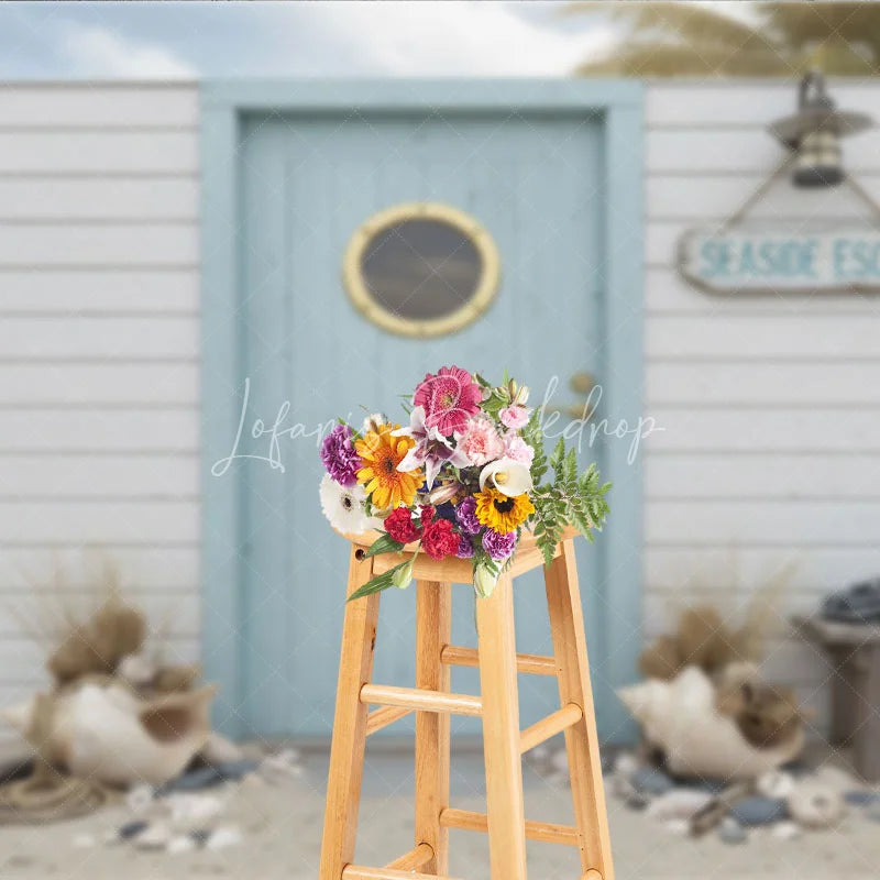 Lofaris Seaside Escape Light Blue Wooden Door Photography Backdrop with Porthole White Plank Wall and Beach Decor