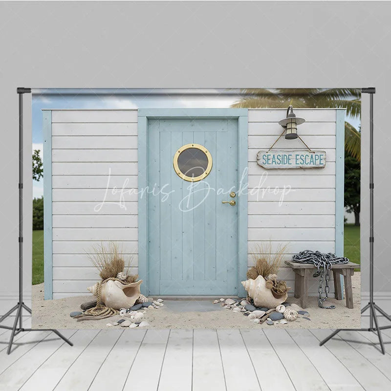 Lofaris Seaside Escape Light Blue Wooden Door Photography Backdrop with Porthole White Plank Wall and Beach Decor