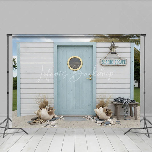 Lofaris Seaside Escape Light Blue Wooden Door Photography Backdrop with Porthole White Plank Wall and Beach Decor