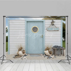 Lofaris Seaside Escape Light Blue Wooden Door Photography Backdrop with Porthole White Plank Wall and Beach Decor