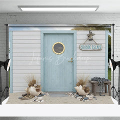 Lofaris Seaside Escape Light Blue Wooden Door Photography Backdrop with Porthole White Plank Wall and Beach Decor