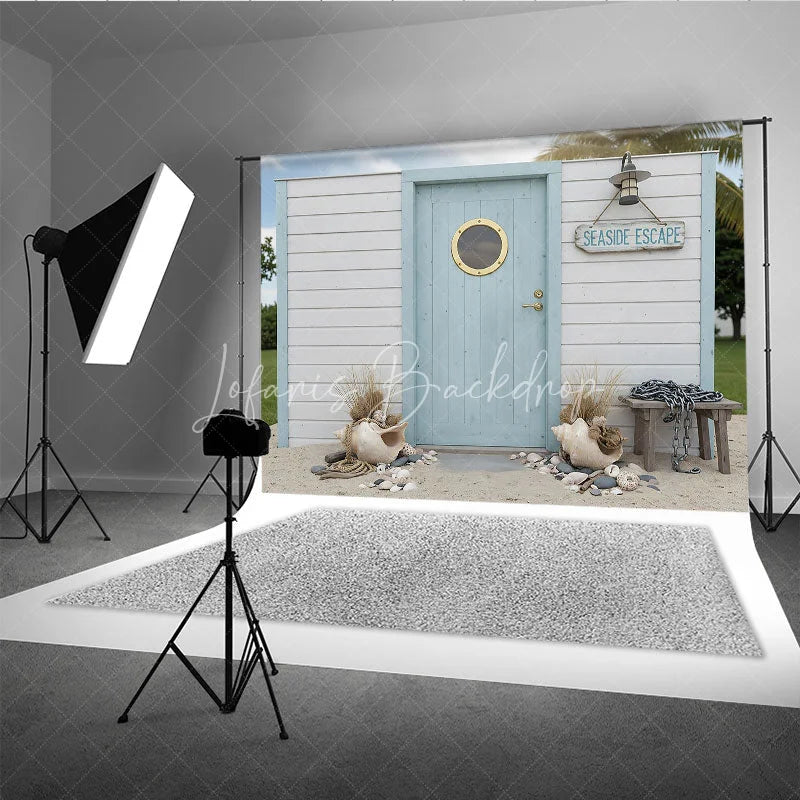 Lofaris Seaside Escape Light Blue Wooden Door Photography Backdrop with Porthole White Plank Wall and Beach Decor