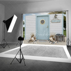 Lofaris Seaside Escape Light Blue Wooden Door Photography Backdrop with Porthole White Plank Wall and Beach Decor