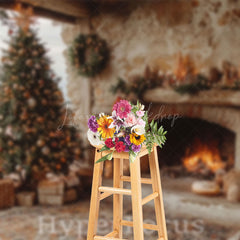 Lofaris Seaside Retro Cabin Fireplace Tree Christmas Backdrop