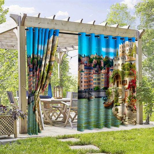 Lofaris Seaside Town Scene Waterproof Printed Outdoor Curtains