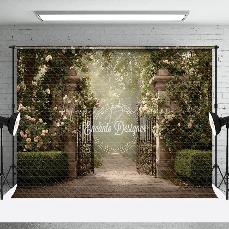Lofaris Secret Garden Gate Backdrop Stone Pillars with Iron Pink Rose Floral Photography Background Prop