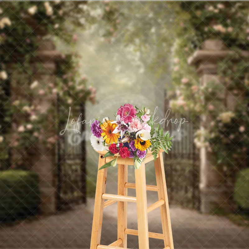 Lofaris Secret Garden Gate Backdrop Stone Pillars with Iron Pink Rose Floral Photography Background Prop