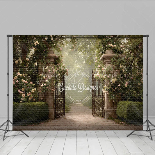Lofaris Secret Garden Gate Backdrop Stone Pillars with Iron Pink Rose Floral Photography Background Prop