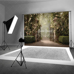Lofaris Secret Garden Gate Backdrop Stone Pillars with Iron Pink Rose Floral Photography Background Prop