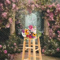 Lofaris Secret Garden Gate Photography Backdrop Pink Climbing Roses and Enchanted Forest Fairytale Wedding Photo Prop