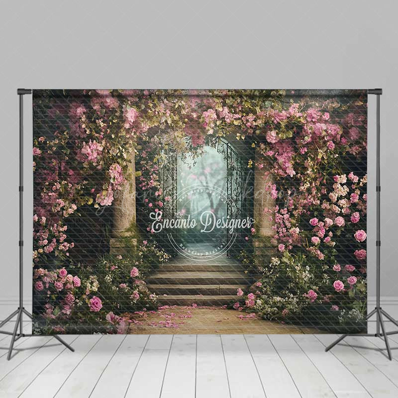 Lofaris Secret Garden Gate Photography Backdrop Pink Climbing Roses and Enchanted Forest Fairytale Wedding Photo Prop