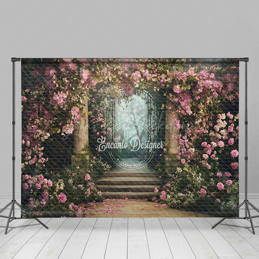 Lofaris Secret Garden Gate Photography Backdrop Pink Climbing Roses and Enchanted Forest Fairytale Wedding Photo Prop