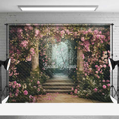 Lofaris Secret Garden Gate Photography Backdrop Pink Climbing Roses and Enchanted Forest Fairytale Wedding Photo Prop