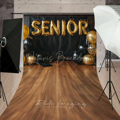Lofaris Senior Gold Balloons Graduation Photography Backdrop Black Wall and Wooden Floor Studio Sweep Background