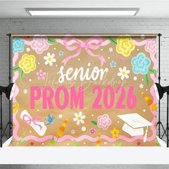 Lofaris Senior Prom 2026 Backdrop Pink Ribbon Flowers and Graduation Cap Diploma Photography Background