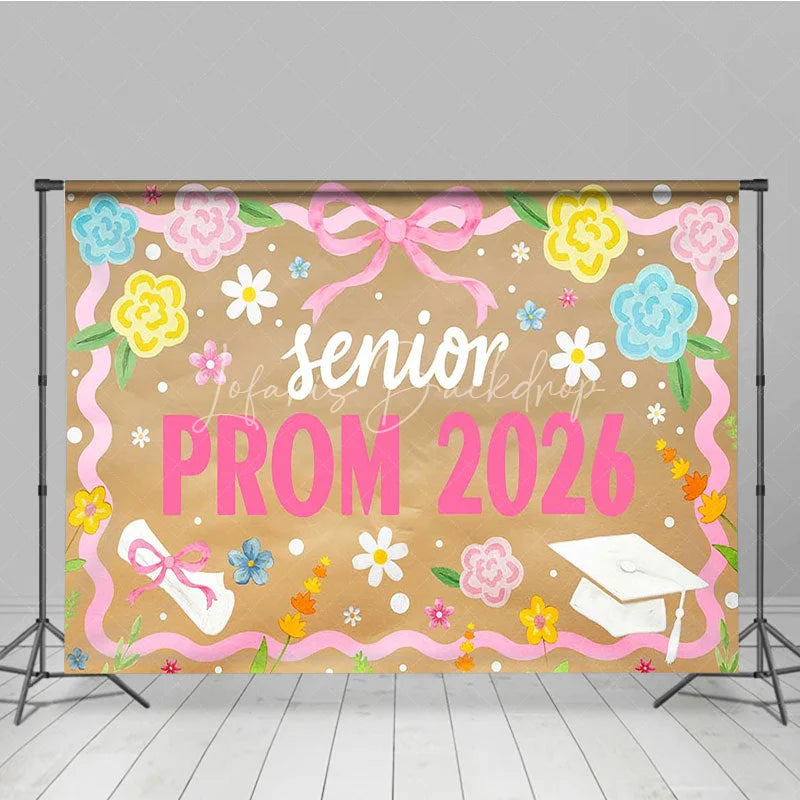 Lofaris Senior Prom 2026 Backdrop Pink Ribbon Flowers and Graduation Cap Diploma Photography Background