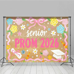 Lofaris Senior Prom 2026 Backdrop Pink Ribbon Flowers and Graduation Cap Diploma Photography Background