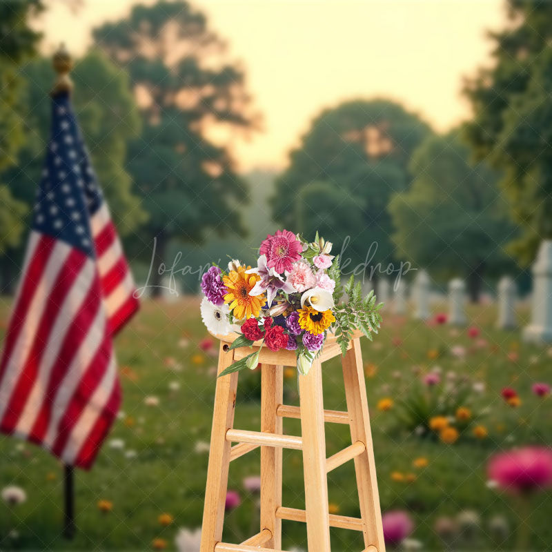 Lofaris Serene Cemetery Scene American Flag Flower Backdrop