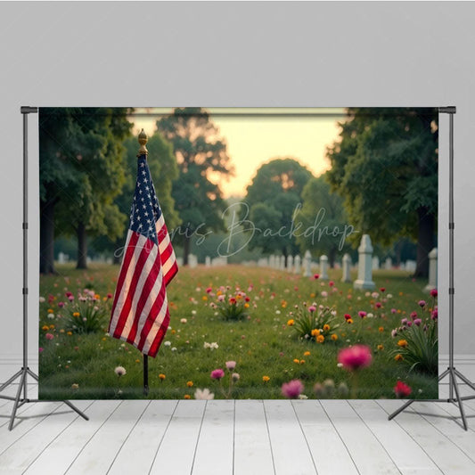 Lofaris Serene Cemetery Scene American Flag Flower Backdrop