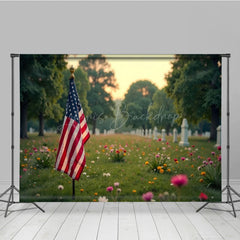 Lofaris Serene Cemetery Scene American Flag Flower Backdrop