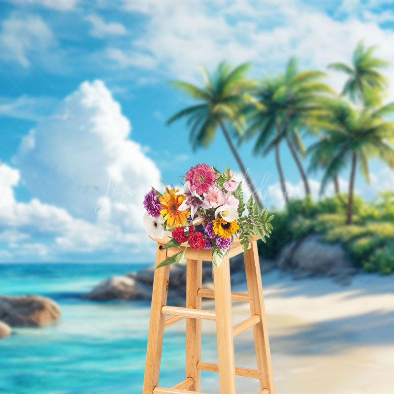 Lofaris Serene Tropical Beach Scene Palms Rocks Backdrop