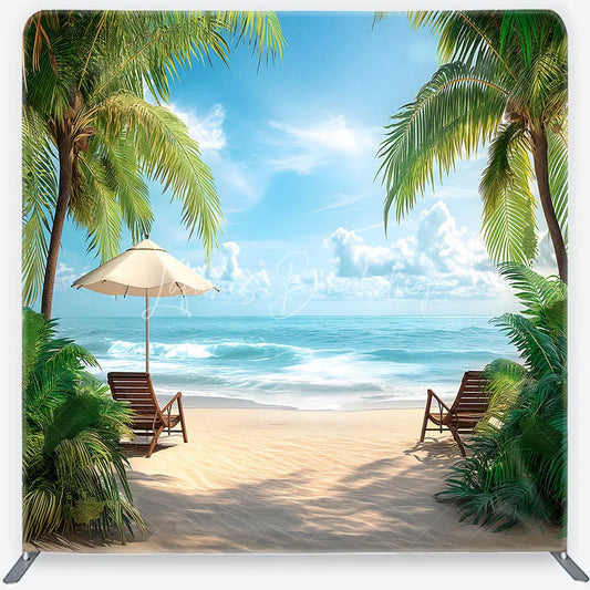 Lofaris Serene Tropical Beach with Palm Trees and Ocean Waves Square Double-Sided Backdrop Perfect for Summer Vacation