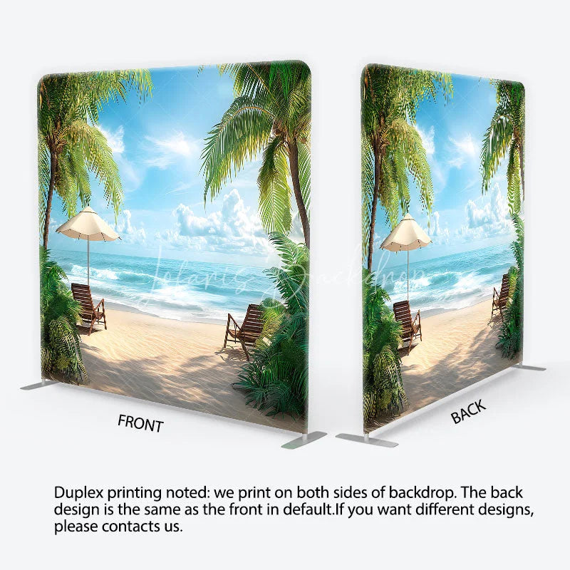 Lofaris Serene Tropical Beach with Palm Trees and Ocean Waves Square Double-Sided Backdrop Perfect for Summer Vacation