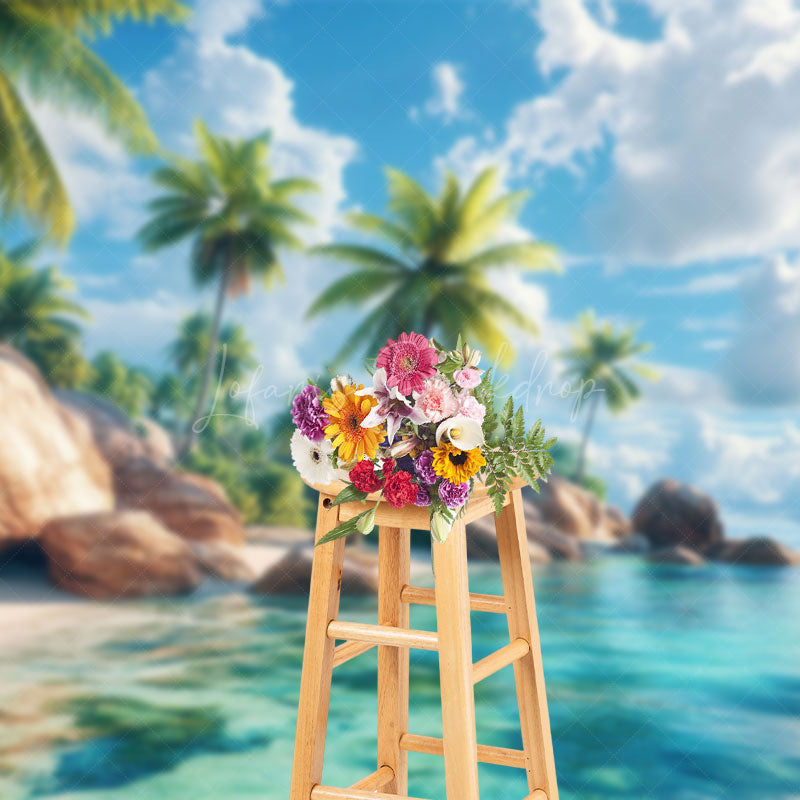 Lofaris Serene Tropical Island Coastline Palm Rocks Backdrop